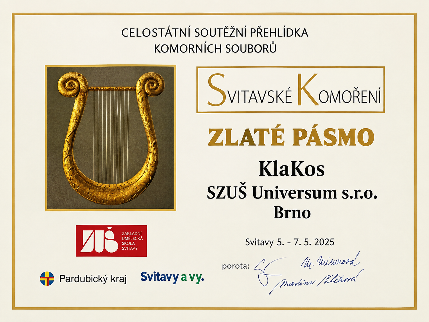 Diplom Zlaté pásmo pro soubor KlaKos